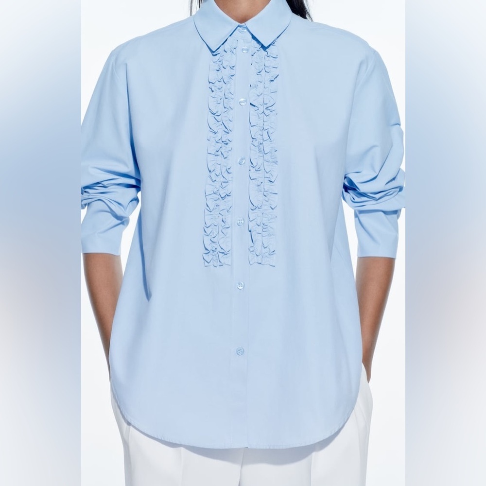 Zara Light Blue Ruffle-Front Button-Up Blouse - Picture 2 of 6